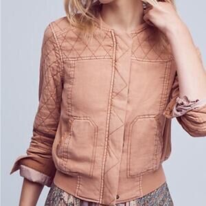 Anthropologie Hei Hei Itinerary Tan Linen Blend Quilted Bomber Jacket, Sz XS 🗣